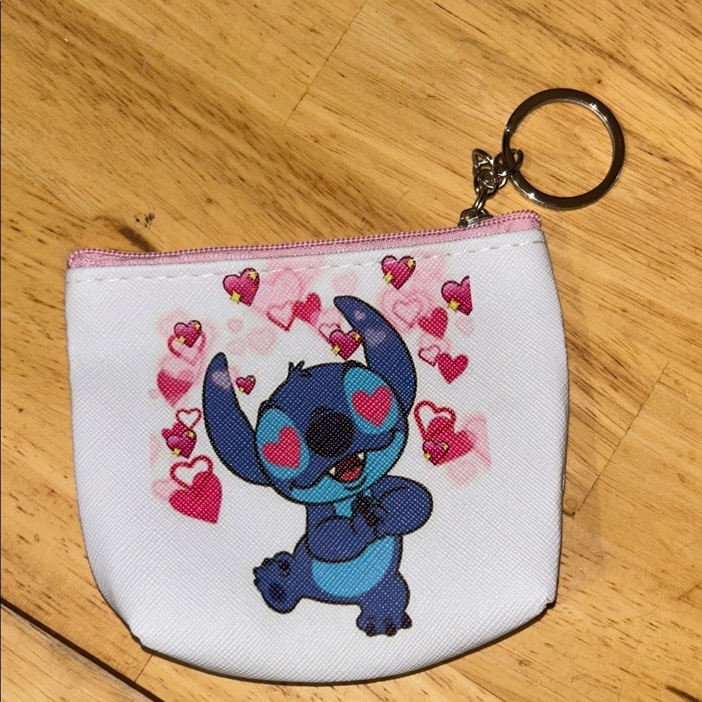 Stitch Heart Keychain Pouch - White and Pink